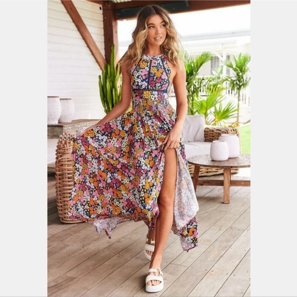 JAASE Endless Summer Floral Halter Maxi Dress Boho Wedding Side Slit Feminine M
